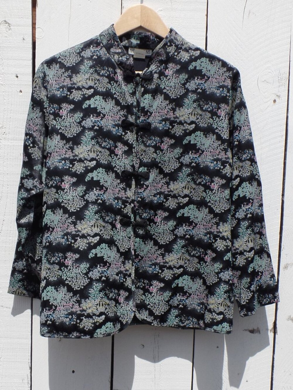 Vintage Notations Shirt Asian Scene Silky Cloth Button Top LARGE EUC